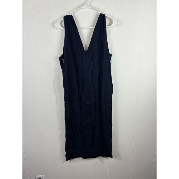 Free People Navy Blue Linen Slip Dress Button V Neck Size S Boho Preppy Smocked - Picture 4 of 6